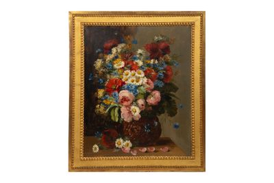 a painting of flowers in a vase on a table