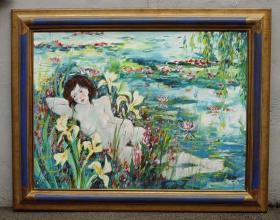 tableau représentant une femme allongée dans un champ de fleurs