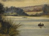 painting of a man in a boat on a river with a sky background