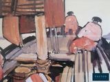 a painting of a group of people sitting on a boat