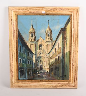 une peinture à l'huile représentant une scène de rue avec une église à l'arrière-plan