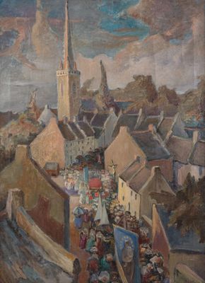 an image of a painting of a town with a church steeple in the background