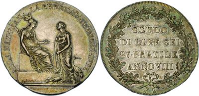 a silver coin with a woman and a man on it
