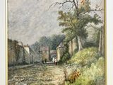 tableau représentant une scène de village avec une calèche au premier plan et un homme sur une calèche au premier plan