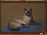 a painting of a siamese cat sitting on a blue blanket
