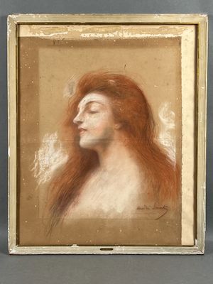 André SINET (1867-1923). Portrait de femme, les yeux mi-clos…