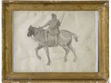 un vieux dessin représentant un homme à cheval, armé d'un arc