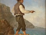 painting of a boy standing on a rock fishing in the ocean