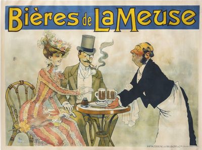 une vieille affiche française représentant un homme et une femme assis à une table