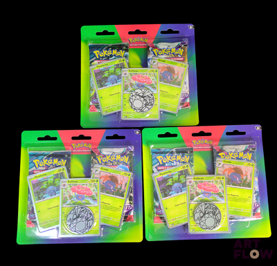trois paquets de cartes à collectionner pokemon sont représentés sur un fond noir