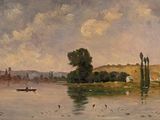 l'image d'une peinture représentant une rivière avec un bateau dans l'eau