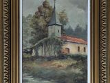 an oil painting of a church on a hill with trees in the background