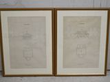 deux reproductions encadrées de plans architecturaux représentant une maison et une cuisine