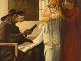tableau représentant une femme et un chien assis à une table dans une pièce