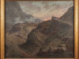 an image of a painting of a mountain scene with a castle in the distance
