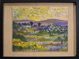 une peinture à l'huile représentant un paysage avec des arbres et une rivière