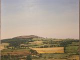 une peinture à l'huile représentant un champ avec des collines au loin