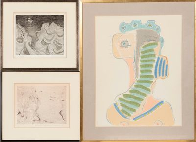 three framed drawings of a woman with a striped scarf and a man in a striped shirt
