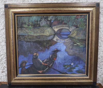 une peinture à l'huile représentant deux personnes dans un bateau sur un lac
