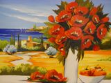 a painting of a vase of red flowers on a table