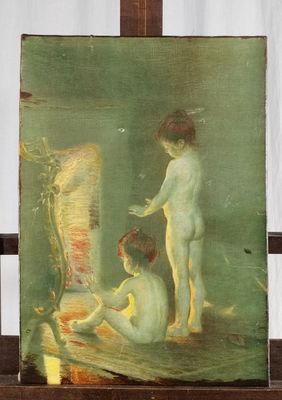une photo d'un tableau posé sur un chevalet, représentant une femme et un enfant