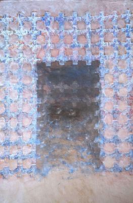 une peinture représentant une cheminée en briques au milieu d'une pièce