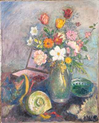tableau représentant un vase de fleurs et une corbeille de fruits posés sur une table