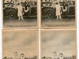 four old black and white photos of people standing in front of a car