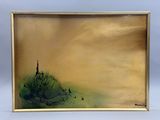 une peinture à l'huile représentant une montagne surmontée d'une église