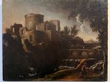 une image représentant un tableau d'un château avec un homme à cheval