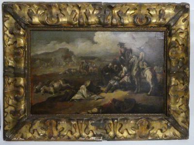 peinture représentant une peinture d'un groupe d'hommes à cheval dans un champ