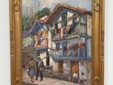 an image of a painting of a house with people on the balcony
