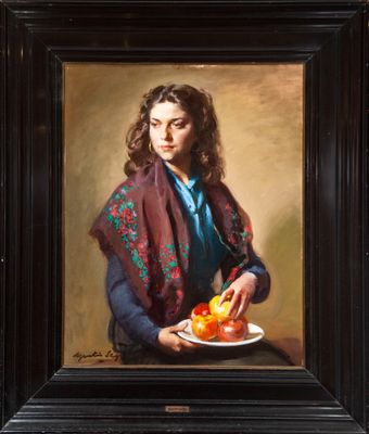 painting of a woman holding a plate of fruit in front of a wall