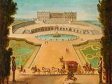 an old painting of a palace with horses and carriages in the foreground