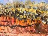 a watercolor painting of a dirt road and trees