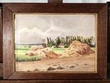 une image représentant un tableau représentant une scène de vie à la ferme avec des meules de foin