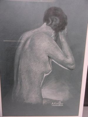 drawing of a man sitting in front of a mirror with his hand on his face