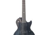 an image of a black electric guitar on a stand on a white background