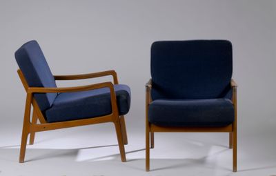 pair of mid - century danish lounge chairs in teak and blue upholstered