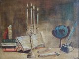 une peinture représentant une nature morte avec des livres et un candélabre