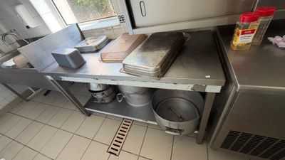 a kitchen with a lot of counter space and a lot of pots and pans
