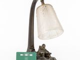 an antique lamp with a glass shade and a card holder