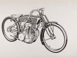 dessin représentant une vieille moto avec une chaîne sur le guidon