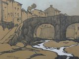 a drawing of a bridge over a stream in a town