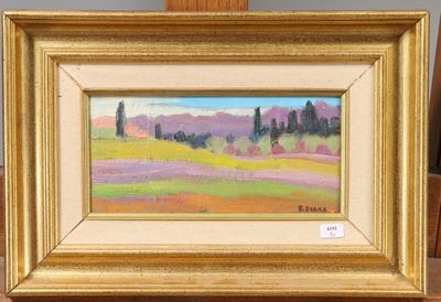 un tableau représentant un champ avec des arbres et des collines en arrière-plan