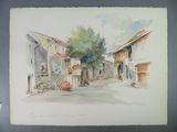 watercolor painting of a street scene with buildings and a tree