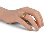 an image of a woman ' s hand with a gold ring on it