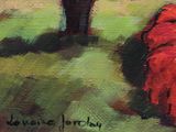 a painting of a tree with a red bush in the foreground