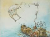 a drawing of a boat with a kite in the sky