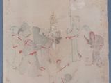 an old piece of paper with a drawing of a man on a horse and a woman on a horse